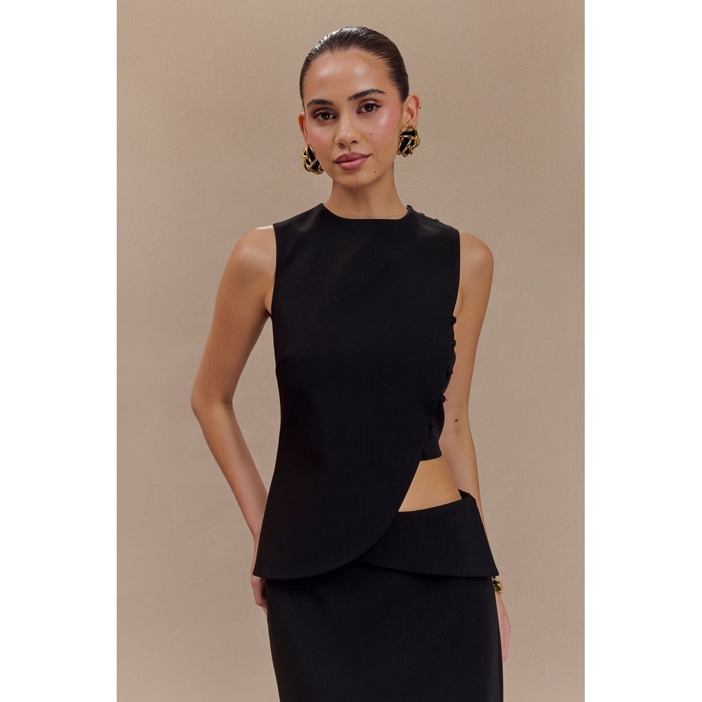MESHKI Astrid Black Asymmetric Sleeveless Suiting Top Size S